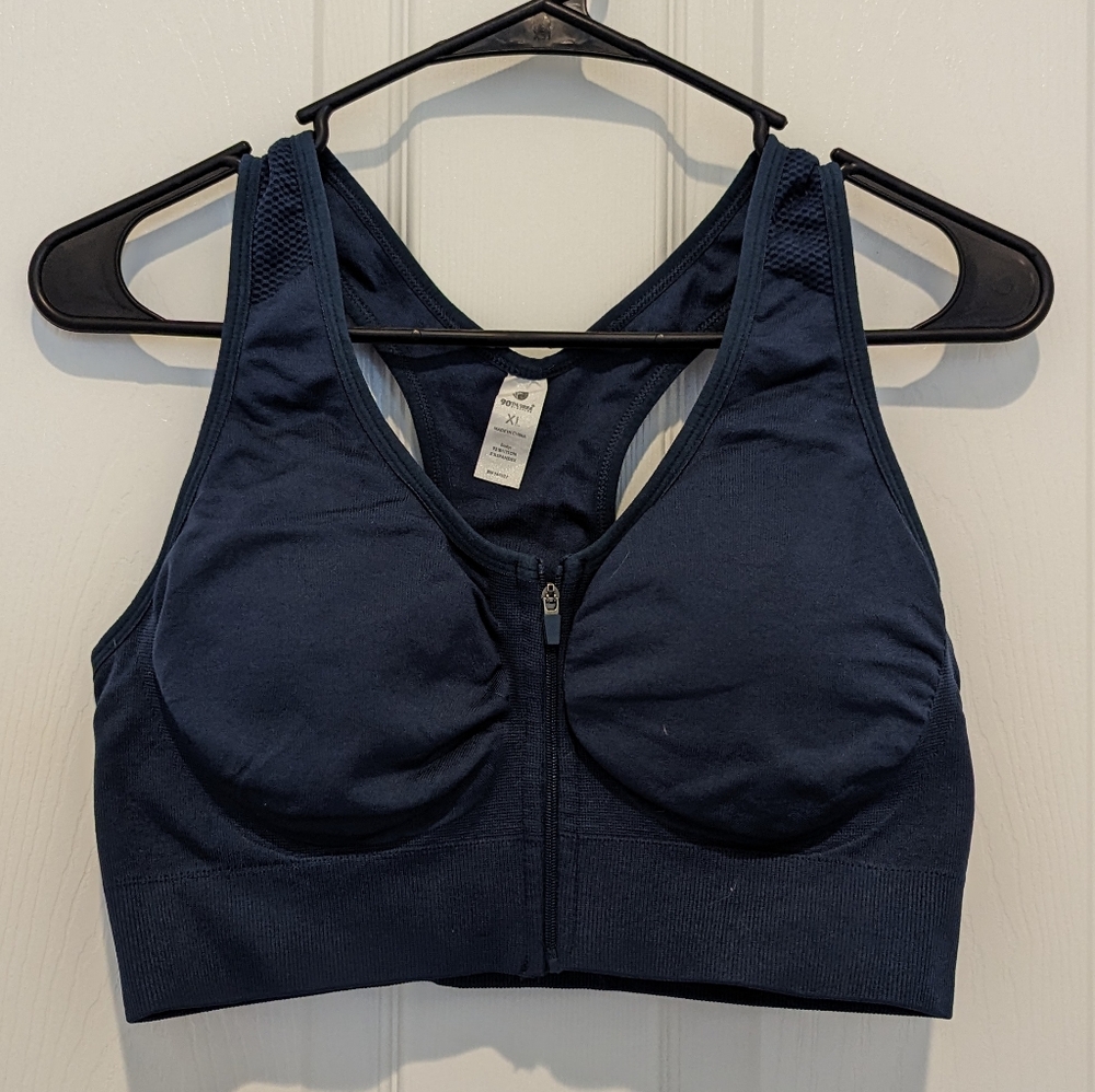 Navy Blue Zip Front Sports Bra
